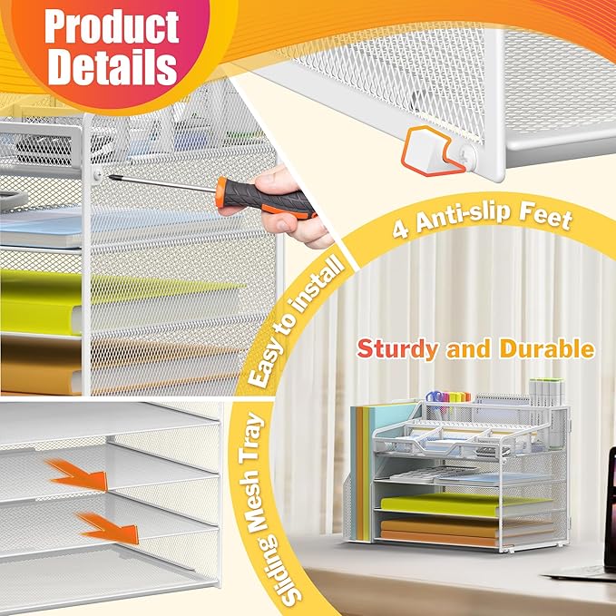 Docnest 4 Tier Mesh Desk Organizer with File Holder – Multi-Functional Paper Letter Tray with 5 Adjustable Compartments, 3 Pen Holders, Desktop Storage for Files, Mail, Stationery – White