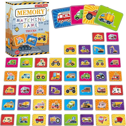 gisgfim 50 Pairs Memory Matching Game for Kids Trucks Concentration Games for Preschool Educational Ages 4-8 A Fun & Fast Vehicle Theme Memory Matching Games