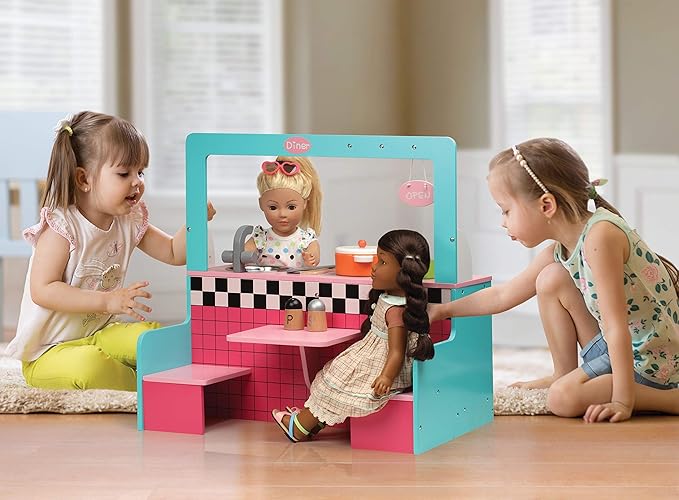 Badger Basket Double-Sided Retro Diner and Kitchen Doll Playset with Realistic Accessories for 18 to 20-Inch Dolls