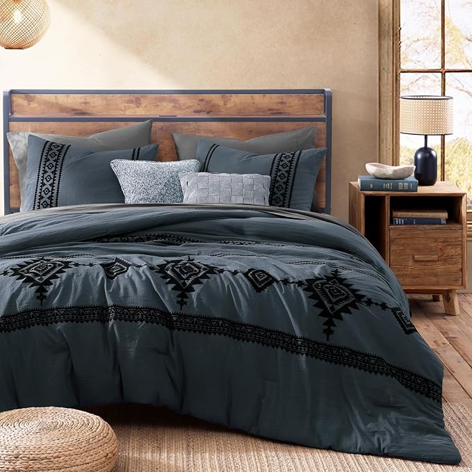 MaiRêve Embroidery Queen Size Comforter Set Blue Grey, Boho Farmhouse Western Bedding Set 7 Pieces, All Season Bed in A Bag Comforter Set with Sheets, Pillowcases & Shams