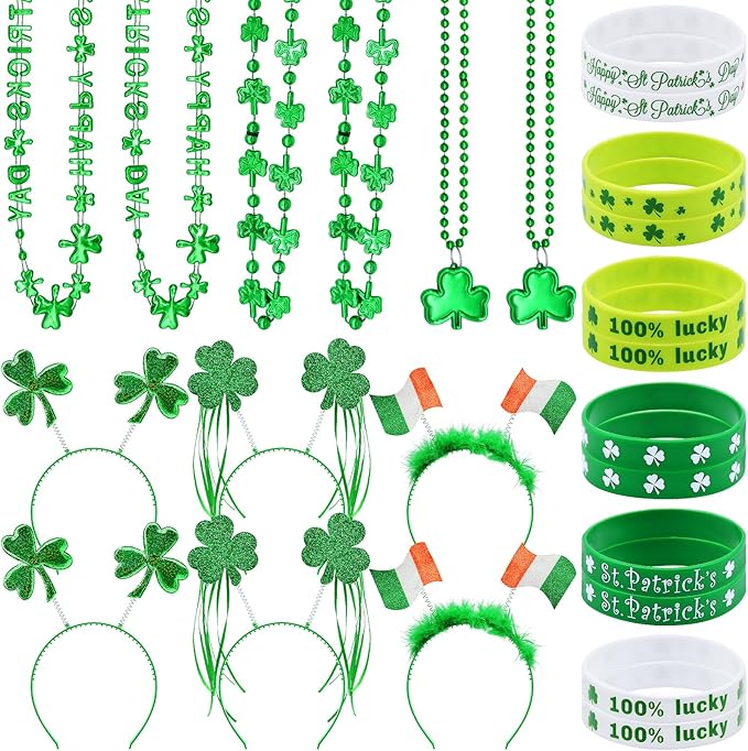 24 Pcs St. Patrick's Day Party Favor Set with 6 Pcs Shamrock Headbands, 12 Pcs Lucky Silicone Bracelets, and 6 Pcs Clover Necklaces Accessories for St. Paddy's Irish Decorations and Celebrations