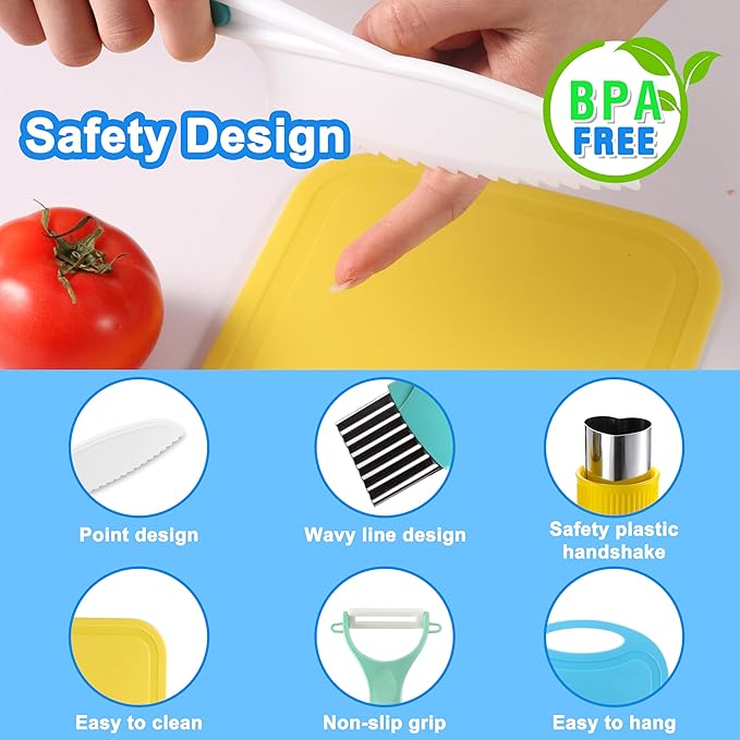 30 Pieces Montessori Kitchen Tools-Kids Cooking Sets Real-Toddler Knife Set for Real Cooking-Toddler Utensils with Safe Knives Crinkle Cutter Cutting Board