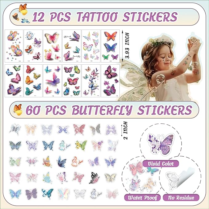 144 Pcs Butterfly Party Favors Set with Butterfly Straws Keychains Slap Bracelet Tattoo Stickers Wristbands Hair clips Goodie Bags Butterfly Party Supplies Butterfly Birthday Decorations
