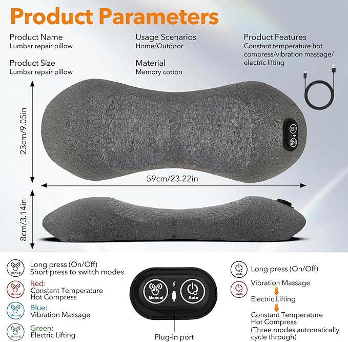 3 in 1 Electric Lumbar Massager Support Pillow, Back Massager with Heat, Adjustable Height for Bed and Chair,Back Support Pillow for Lower Back Pain Relief,Gifts for Women Men Mom Dad