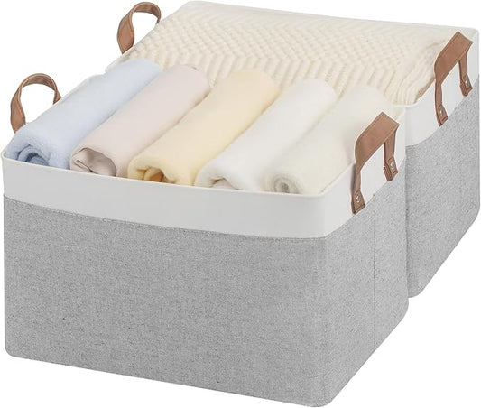 StorageWorks Storage Bins, Fabric Storage Bins for Shelves, Large Storage Baskets with Metal Frame, Closet Baskets and Bins with Handles, Gray and White, 2-Pack