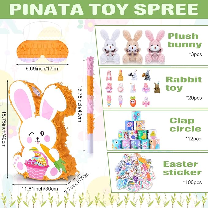 139 Pcs Easter Bunny Pinata Set for Birthday Party Pinata Egg Easter Decoration Party Fiesta Games Supplies Easter Props with Blindfold Toy and Baton Kids Animal Favors Gifts for Boys Girls