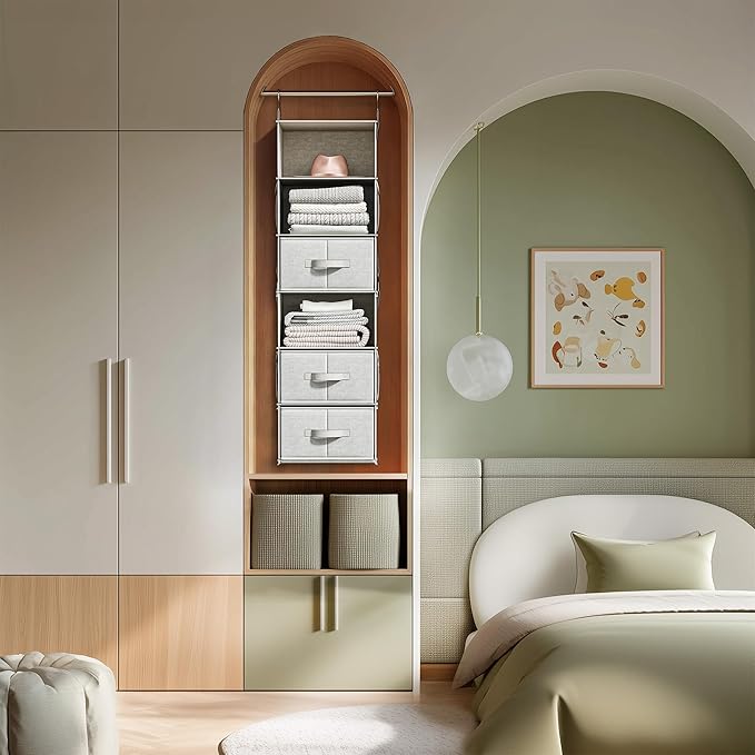 6-Shelf Hanging Closet Organizer with 3 Drawers, 6-Shelf Inseparable Closet Organizers and Storage for Wardrobe Organization, Hanging Dresser for Nursury & Dorm Clothes Organizer, Silver Gray