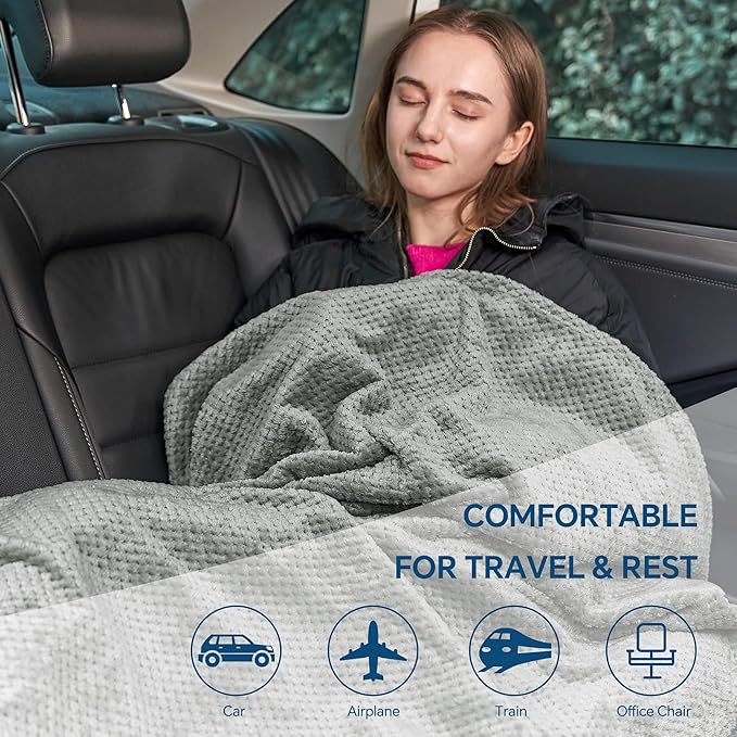 BEDELITE Travel Blanket with Bag, Ultra-Soft Jacquard Fleece Blanket with Luggage Sleeve & Backpack Clip, Airplane Blanket Travel Essentials, Grey
