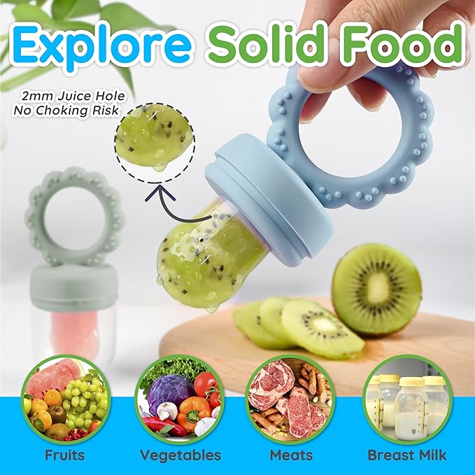 Baby Fruit Food Feeder & Mini Popsicle Ice Tray Set, BPA Free Silicone Baby Feeder for Safe Solid Food Feeding, Breastmilk Popsicle Molds for Cooling Relief, 4 Month+ (Spring)