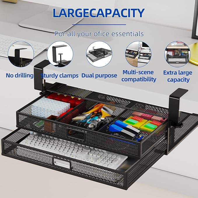 Under Desk Drawer Organizer No Drilling Under Desk Storage Drawer Organizer Metal Under Desk Slide Out Drawer Suitable for Home and Office(Large)