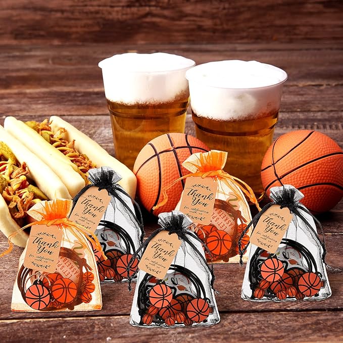 Basketball Party Favor Set Basketball Gift Bulk Charm Bracelets Keychains Sticker Organza Bags Thank You Tags for Basketball Team Party Supplies Boy Girl Classroom Reward Decoration Outdoor(130 Pcs)