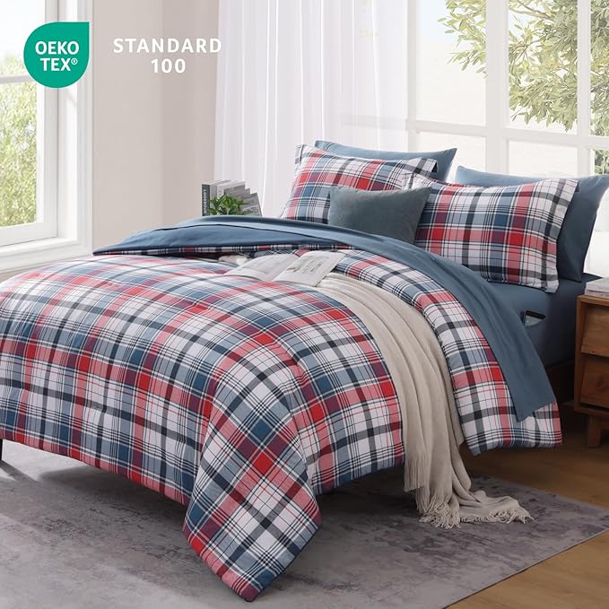 MaiRêve Twin XL Size Plaid Comforter Set Navy Red, Classic 5 Pieces Farmhouse Bedding Set, All Season Lightweight Bed in A Bag with Sheets, Pillowcase & Sham