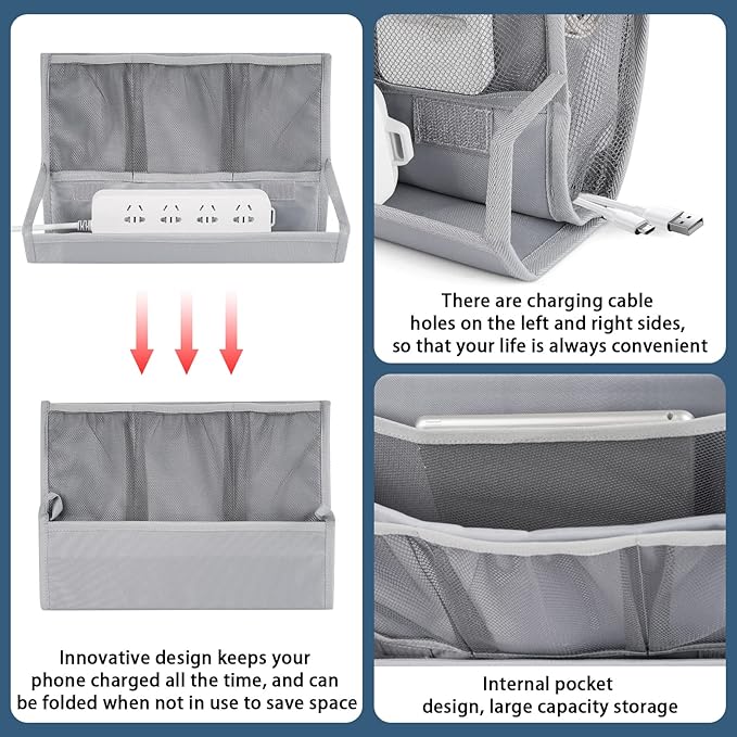 Bedside Storage Organizer with Power Strip Holder and Adjustable Straps Bed Hanging Bag for Home Bunk Bed Dorm Sofa (Light Gray)