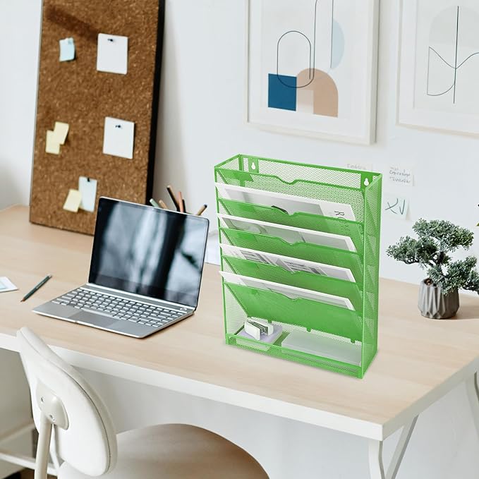 EASEPRES 6 Tier Mesh Hanging Wall File Organizer, Desk Vertical Mail Paper Document Folder Holder Rack with Bottom Tray and Nametag Label for Office Home School, Green