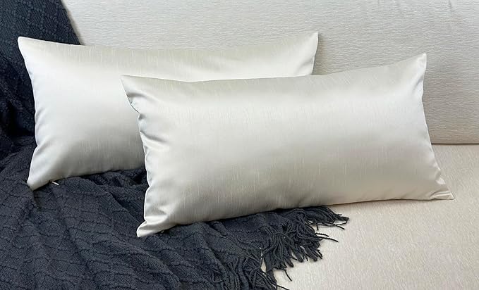 Aiking Home 12x24 Inches Faux Silk Rectangular Throw Pillow Cover, Zipper Closure, Ivory (Set of 2)