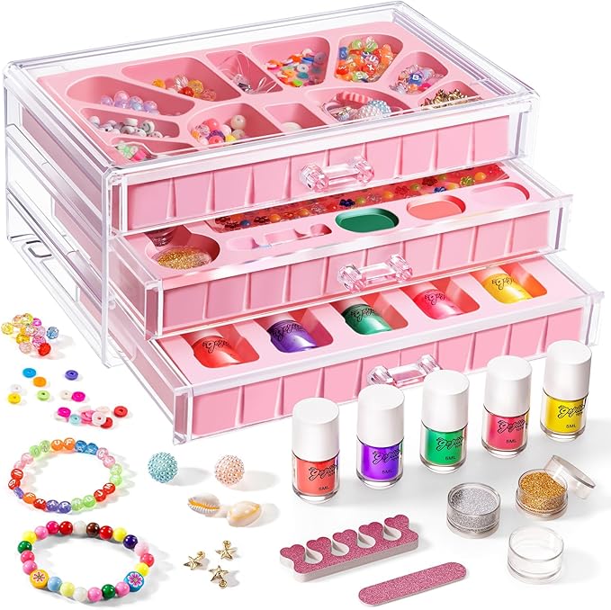 Geyiie DIY Nail Polish Toys Toys, Nail Art Kits for Girls, Bead Bracelet Making Kit with Beads in Acrylic organizers box, Make up toys for kids Craft Kit for Dress Up, Arts Kit Toys