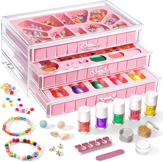 Geyiie DIY Nail Polish Toys Toys, Nail Art Kits for Girls, Bead Bracelet Making Kit with Beads in Acrylic organizers box, Make up toys for kids Craft Kit for Dress Up, Arts Kit Toys