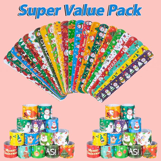 Christmas Slap Bracelet for Kids - 48 Pieces, 24 Colorful Styles - Bulk Christmas Slap Wristbands for Kids Party Favors, Toys Prizes & Goodie Bags Fillers