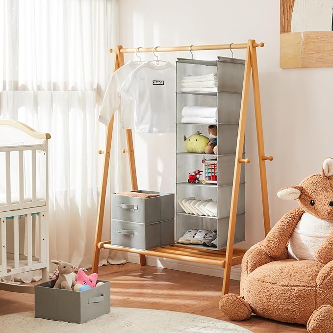 MAX Houser 6 Tier Shelf Hanging Closet Organizer, Closet Hanging Shelf with 2 Sturdy Hooks for Storage, Foldable (Light Grey)