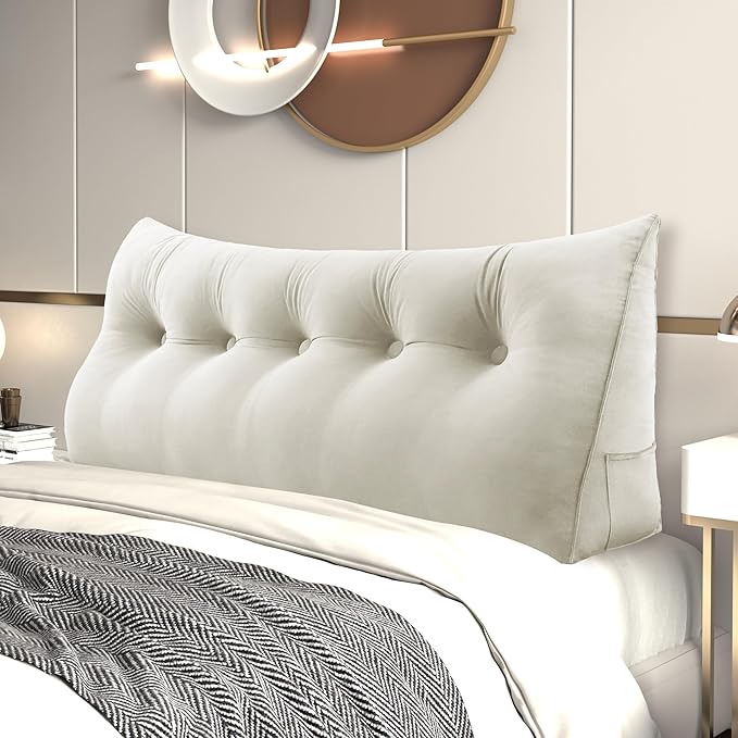 Headboard Wedge Pillow Large Bolster Reading Pillows for Sitting in Bed Adult,Velvet Triangular Cushion Backrest Lumbar Back Support Upholstered Daybed Sit Up Book Pillows(White,Queen)