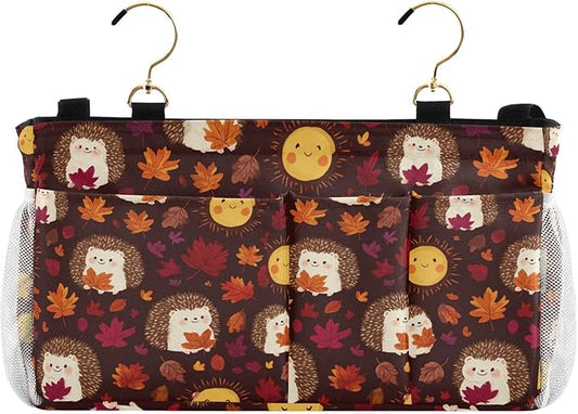 Autumn Leaves Sun Hedgehogs Brown Bedside Caddy for Dorm Bed Bedside Hanging Caddy Bag Iron Frame Storage Organizer Pocket for Bunk Home College Hospital Beds 2 Hooks
