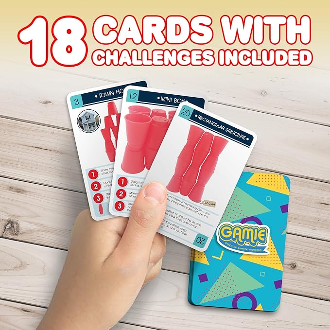 Gamie Stacking Cups Game with 18 Fun Challenges and Water Timer, 24 Stacking Cups, Sturdy Plastic, Classic Family Game, Idea for Boys and Girls Ages 3+ Olds, Tons of Fun