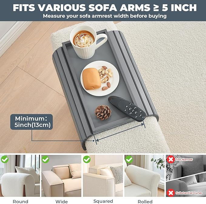 Bamboo Sofa Arm Tray, Anti Falling Couch Arm Tray Table, Foldable Couch Armrest Table, Portable Sofa Armrest Trays Cup Holder for Drink, Cups, Phone, Snacks, Remote