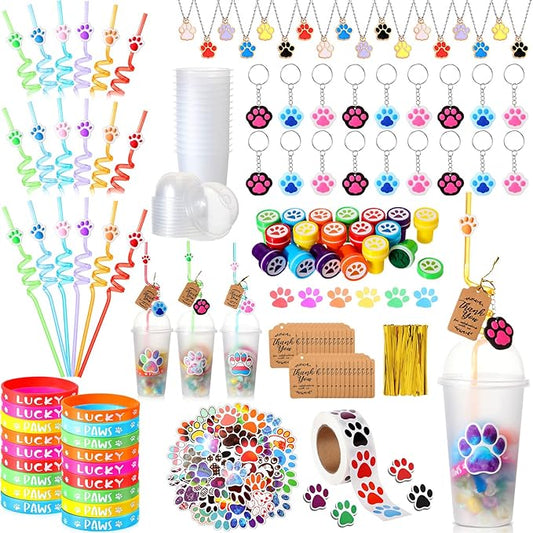 Gejoy 178 Pcs Dog Paw Party Favors Set Includes Paw Straws Cups Silicone Bracelet Keychain Stamper Sticker Pendant Chain Thank You Tag for Boy Girl Dog Theme Party Supplies(Paw)
