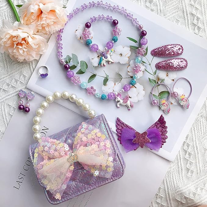 Girl Handbag Purse for Little Girls Kids Pretend Play Dress Up Necklace Hair Accessories Jewelry Set, Light Purple