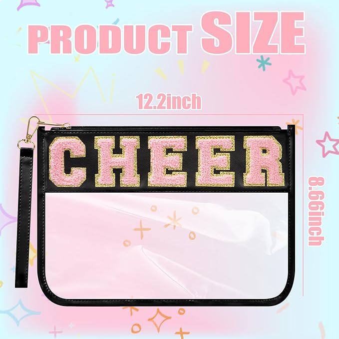 BuyCard Cheer Chenille Letter Bags Clear Makeup Bag, Cheerleader Gifts Cosmetic Bag, Varsity Preppy Patch Flat Pouch Cheer Accessories, Waterproof PVC Organizer Toiletry Bag for Women Girls Black