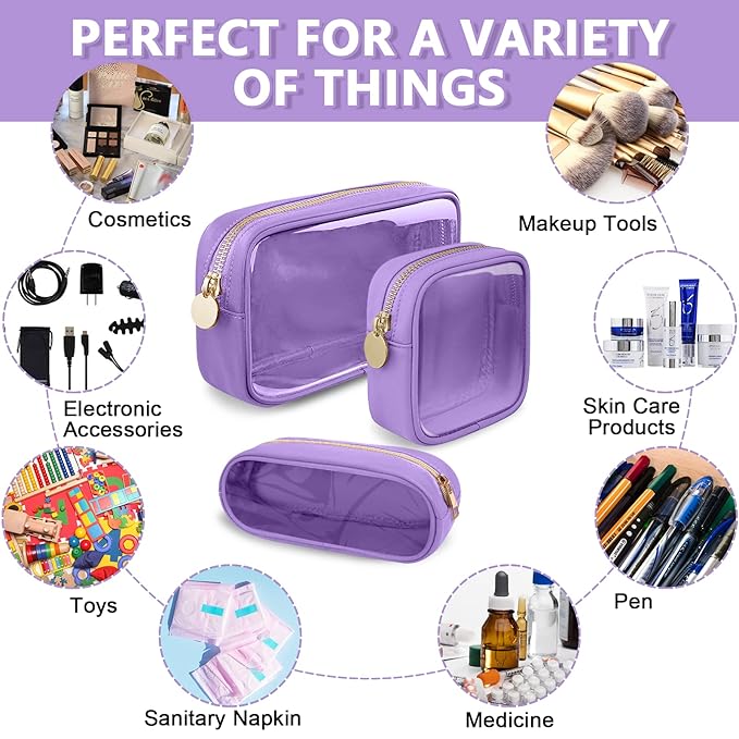 UIXIZQ Clear Small Pencil Pouch Makeup Bag for Purse,Nylon&PVC Pencil Case Waterproof Makeup Brush Holder with Zipper,Preppy Transparent Pen Bag Travel Cosmetic Bag for Women Men Office(Slim-Purple)