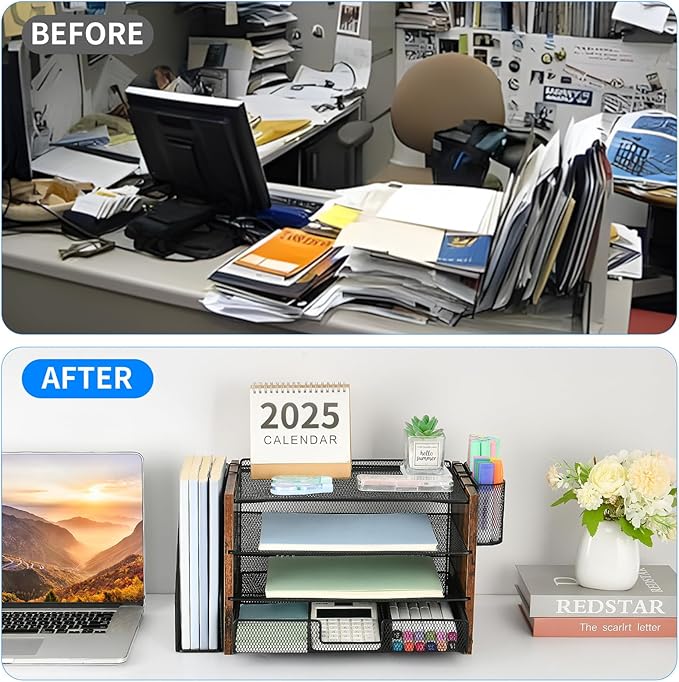 OPNICE Desk Organizer, 4-Tier Desktop File Organizer with Drawer and 2 Pen Holders, Office Desk Accessories, File Sorters, Workspace Organizers for Office Supplies(Brown Wood)