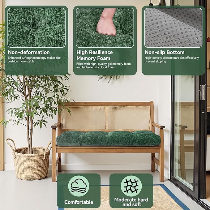 Bench Cushion 42 Inch - Luxury Chenille, High-Density Memory Foam, Non-Slip Bottom, Soft Durable Indoor Tufted Long Seat Cushion for Window Garden Furniture (Green, 42x16x4 Inch)