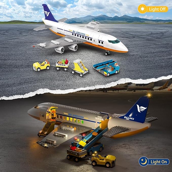 Large City Passenger Airplane Building Toys with LED Light, 21 Inches Plane Building Sets with 2PCS Luggage Trucks, Terminal, Radar Tower, Birthday Gifts for Kids Boys Girls Age 6-12 (901pcs)