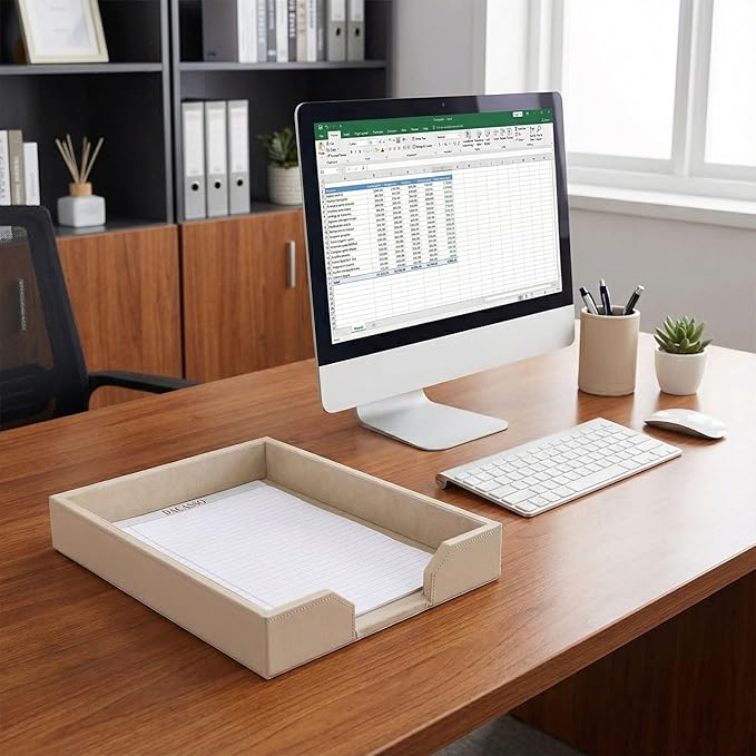 DACASSO Bonded Leather Desktop Letter Tray - Luxury Letter Holder & Paper Organizer for Desk - Office Organization & Executive Desk Decor - (White Latte)