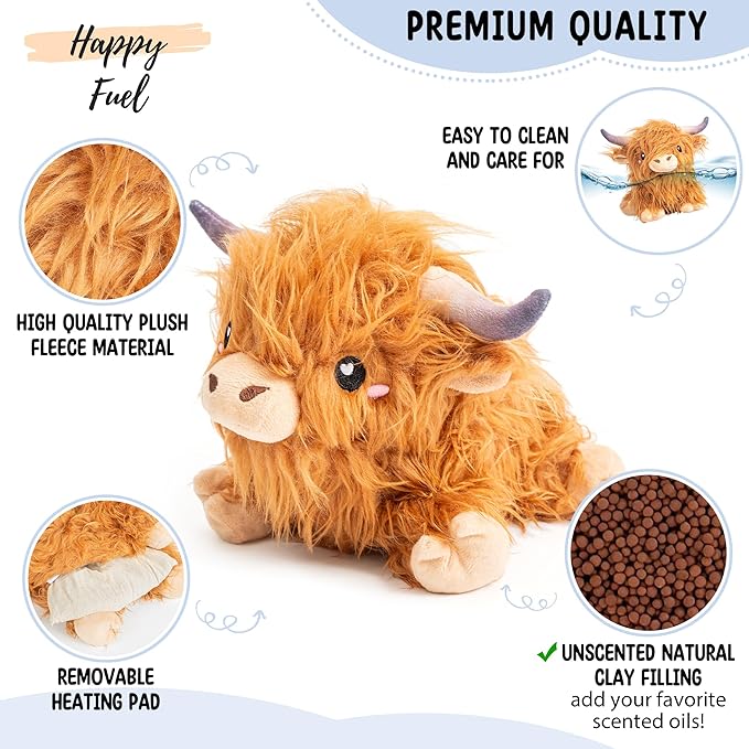 Happy Fuel Highland Cow Microwavable 1.5lbs Unscented Heating Pad for Women & Kids- Cute Soft Cozy Pillow Plush Heatable Warm Stuffed Animals- Kawaii Hot & Cold Plushie Toy- Cow Gifts for Girls & Boys