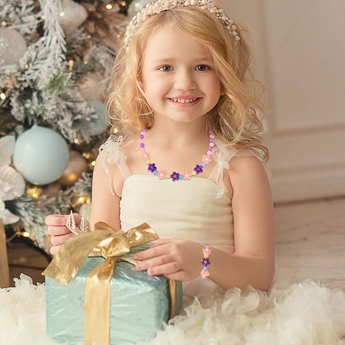 Girls Jewelry Set - Cute Flower Beads Necklace Bracelet-Toddler Girls Flower Jewelry - Stretchy Chunky Costume Jewelry Present Toy-Purple