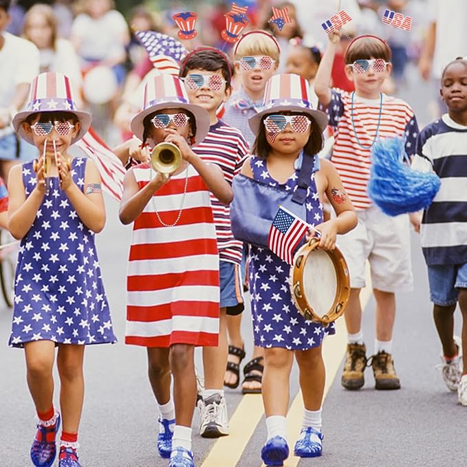 65-Piece 4th of July Party Supplies Set - Patriotic Headbands, Necklace, Shutter Shades, Flags, Tattoo Stickers
