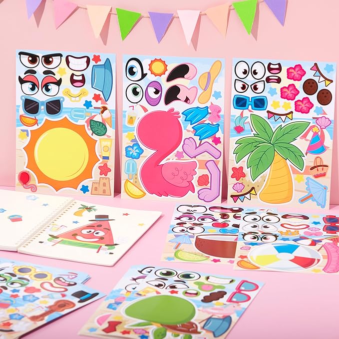 JOYIN 36 Pcs 9"x6" Summer Scene Make a face Stickers for Kids, Make Your Own Summer Sticker Sheets, Party Favors Kids Crafts, Goodie Bags Stuffers, Classroom Rewards