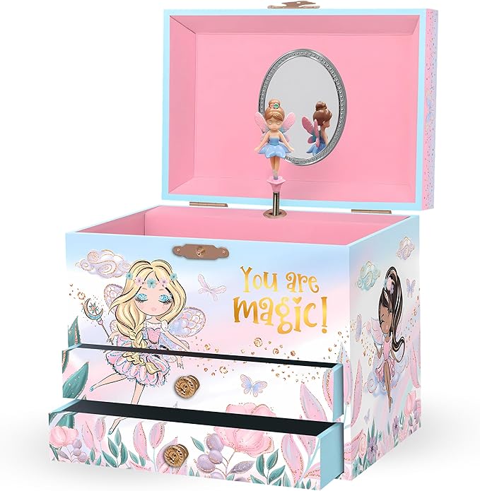Giggle & Honey Musical Fairy Jewelry Box for Girls - Kids Music Box with Spinning Fairy and Mirror, Princess Birthday Gifts for Little Girls, Childrens Jewelry Boxes for Ages 3-10 - 6.8 x 5.3 x 6 in