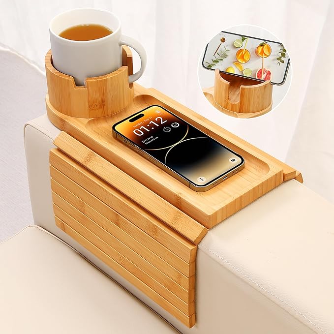 Couch Cup Holder,Bamboo Couch Arm Tray with 360° Rotating Cup Holder,Foldable Anti-Slip Sofa Arm Chair Tray for Eating Snack Drink Side Table