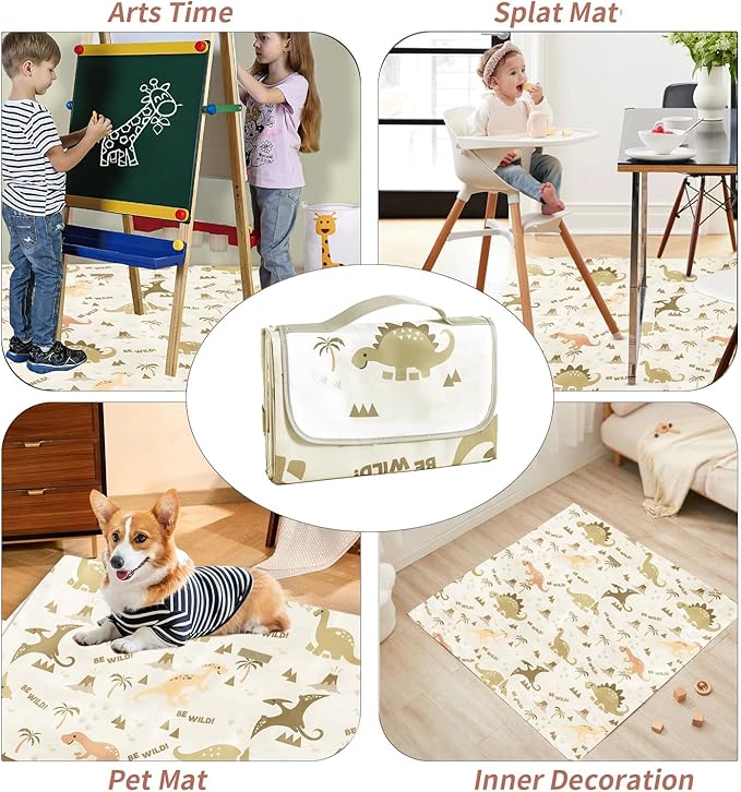 Insular Baby Splat Mat for Under High Chair/Arts/Crafts, Anti Slip and Waterproof Splash Mat for Floor, Portable Picnic Mat, 51x51 Inch, Dinosaur