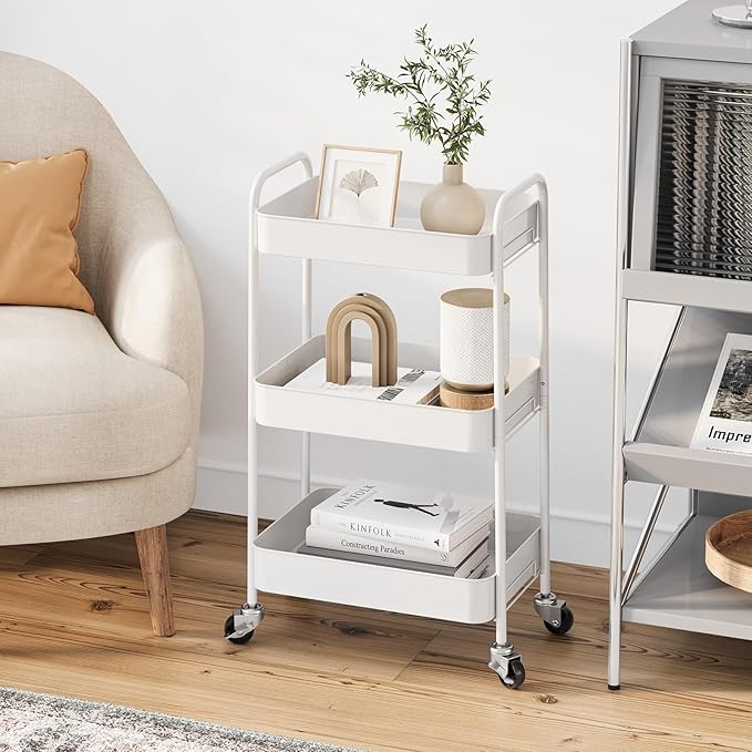 TOOLF 3-Tier Metal Rolling Cart with Wheels, Storage Utility Organizer Cart for Kitchen, Bathroom, Office, Baby Essentials & Makeup - Lockable Casters, Easy Assembly, Large Capacity, White