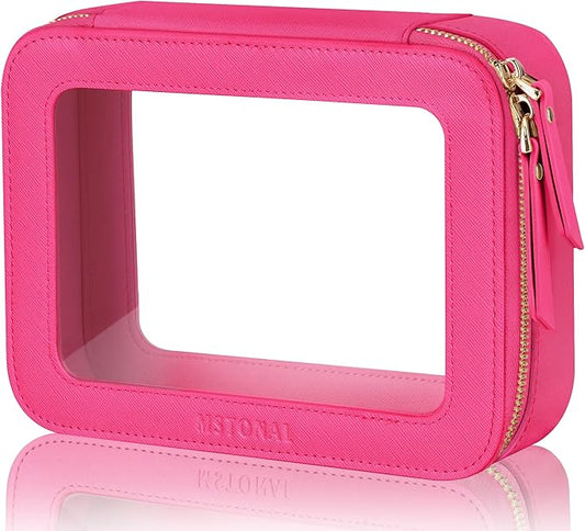 MSTONAL Clear Makeup Bag, Travel Toiletry Bag Cosmetic Case for Women, Waterproof Portable Make Up Skincare Pouch with Zipper, Compact Car Organizer Bag for Essentials, Medium Size, Hot Pink
