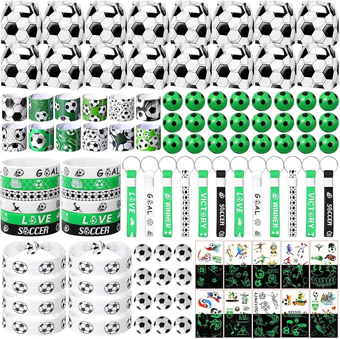 Aoriher 192 Pcs Soccer Party Favors Sport Slap Bracelets Keychains Bouncy Ball Silicone Bracelets Hair Ties Wristbands Gift Box Eraser Luminous Tattoo for Sport Themed Party Supplies