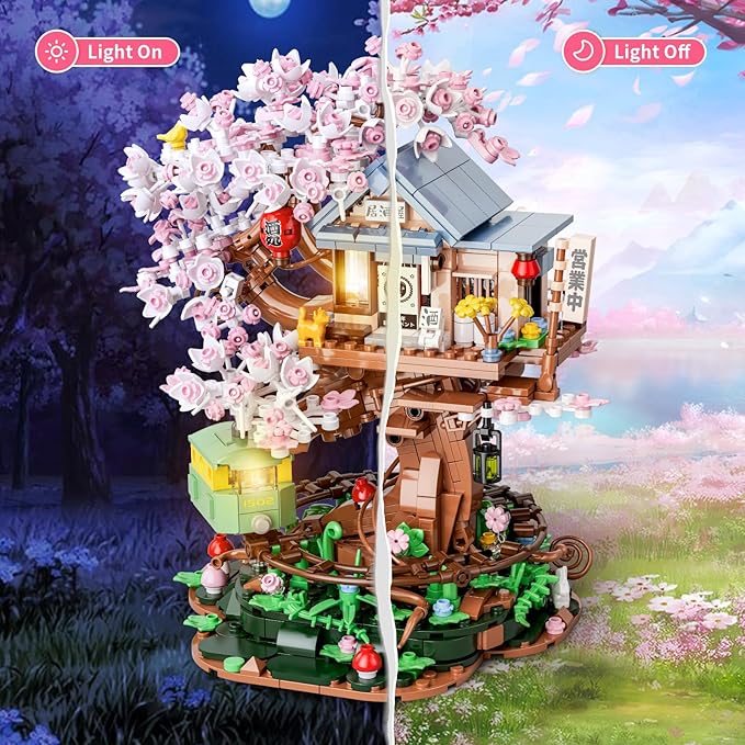 Cherry Blossom Treehouse Building Set for Girls 8-12, Compatible with Lego Friends, Flowers House Japanese Izakaya Shop Architecture Building Blocks Toy with Light for Adults, Gift for Kids (1098 PCS)