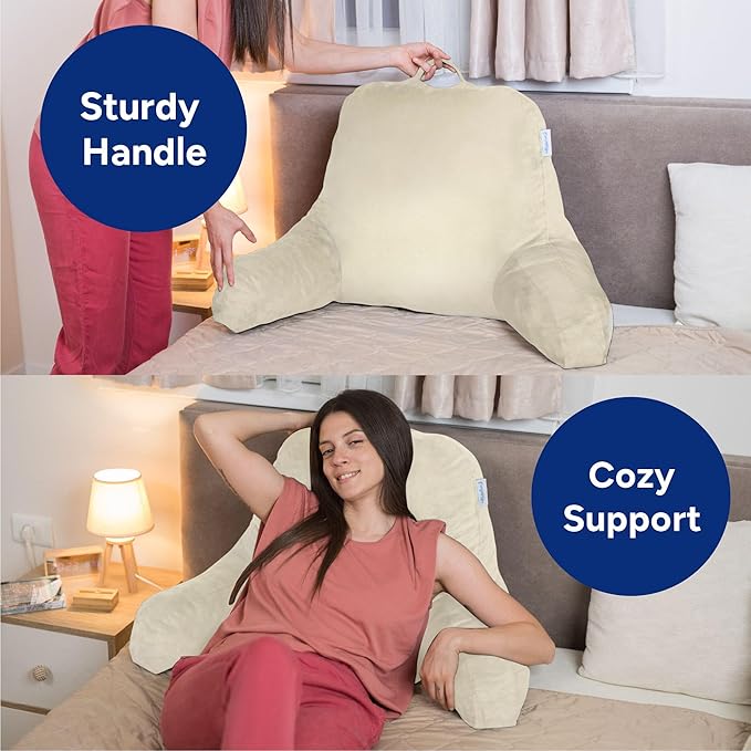 ComfortSpa Reading Pillow for Bed Adult Size, Back Rest Pillow with Arms, Pockets and Washable Cover; Use as a Back Pillow for Sitting in Bed for Bedrest or Relief from GERD Heartburn (Large Cream)