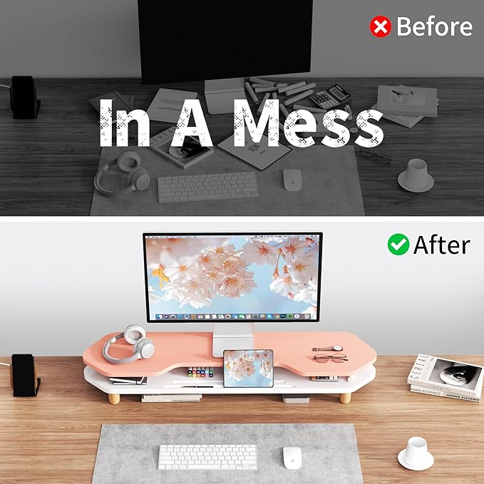 AFOOYO 2 Tier Dual Monitor Stand Riser,Wider Board Computer Monitor Stand for 2 Monitors,Slot For Phone/Tablet Office Desktop Organizer for Laptop,PC,Computer,Printer,Pink