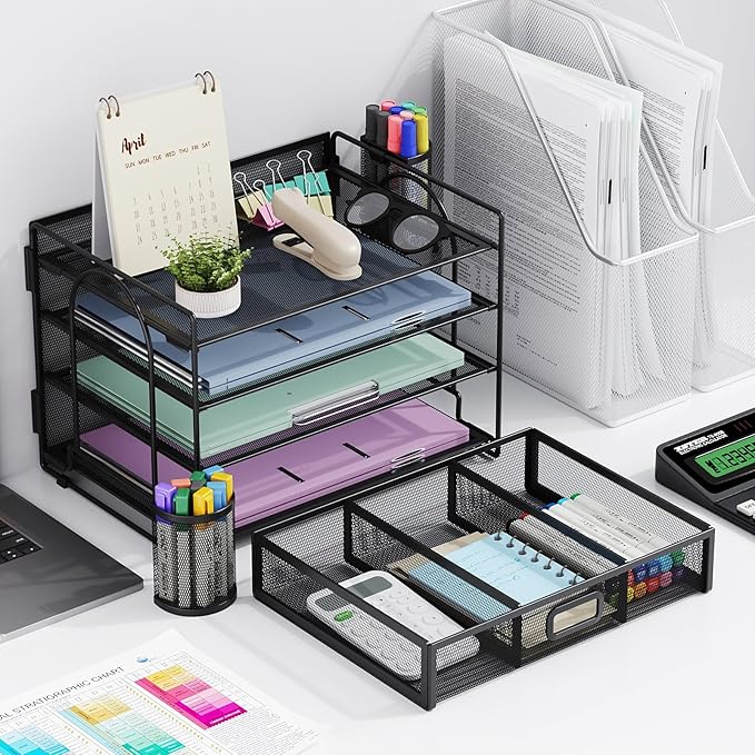 Marbrasse Desk Organizer and Accessories4-Tier Paper File Letter Tray Accessories & Workspace Desk Organizers with Drawer and 2 Pen Holders for School Home Office Supplies (Black)