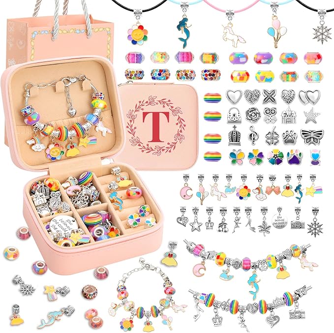 Charm Bracelet Making Kit for Girls 3-12, Kids Jewelry Making Kit 66Pcs Jewelry Kits for Girls Ages 8-12 Jewelry Maker Craft Necklace Birthday Christmas Gifts with Initial Jewelry Organizer Box - T